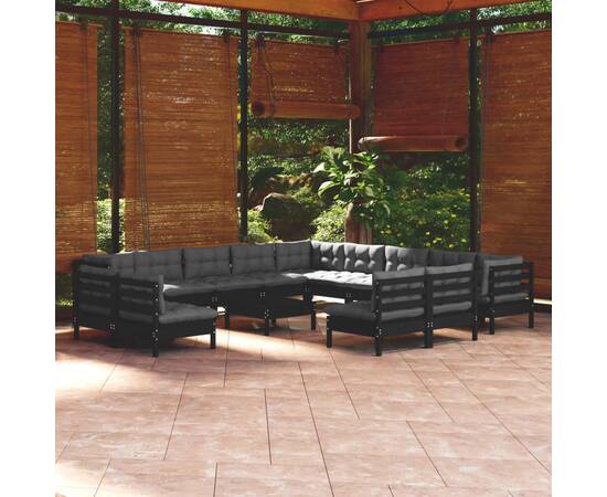 Set mobilier grădină cu perne, 14 piese, negru, lemn masiv pin