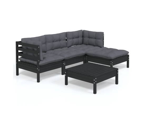 Set mobilier grădină cu perne, 5 piese, negru, lemn de pin, 2 image