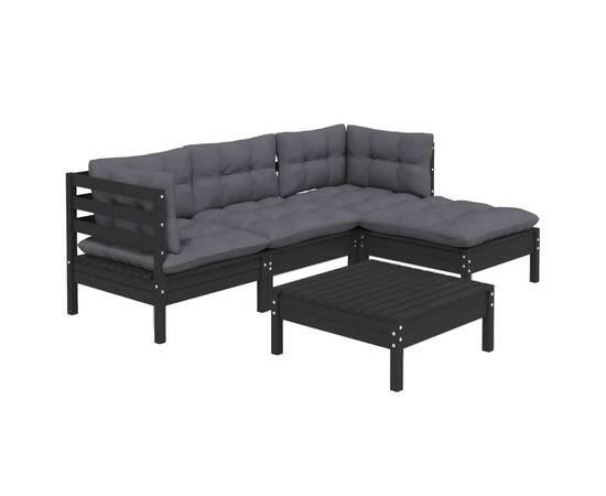 Set mobilier grădină cu perne, 5 piese, negru, lemn de pin, 3 image