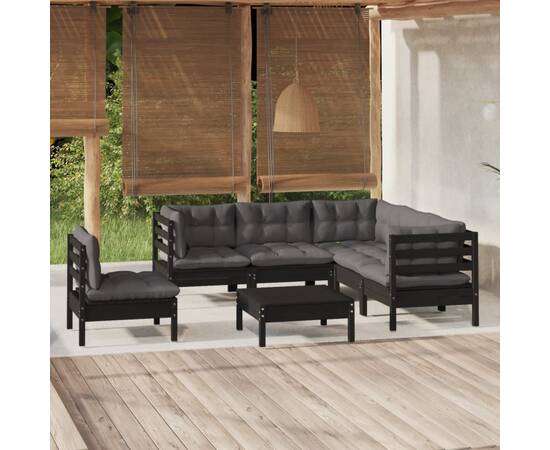 Set mobilier grădină cu perne, 6 piese, negru, lemn de pin