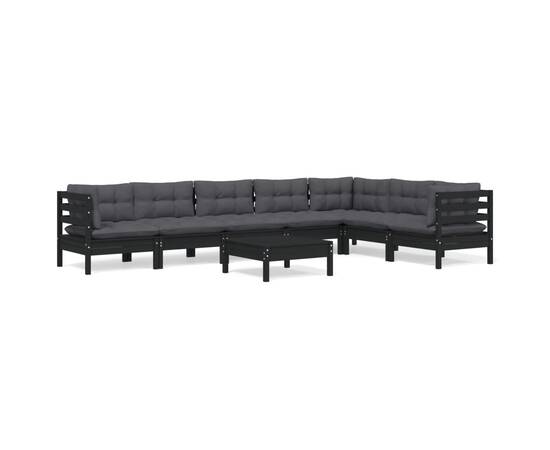 Set mobilier grădină cu perne, 8 piese, negru, lemn masiv pin, 2 image