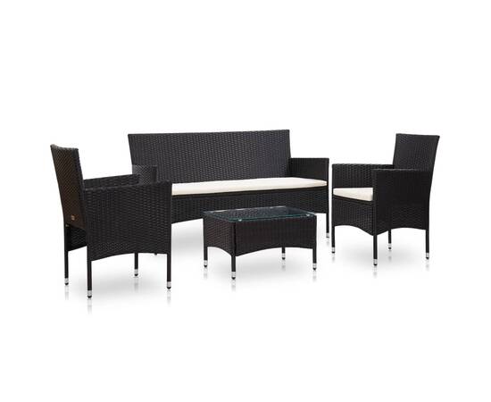 Set mobilier de grădină cu perne, 4 piese, negru, poliratan