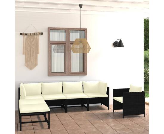 Set mobilier de grădină cu perne, 7 piese, negru, poliratan