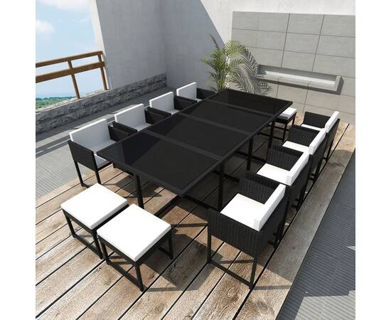 Set mobilier de exterior cu perne, 13 piese, negru, poliratan