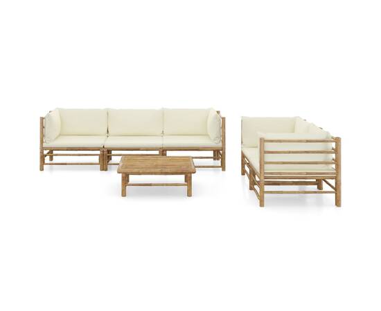 Set mobilier de grădină, 6 piese, perne alb crem, bambus, 2 image