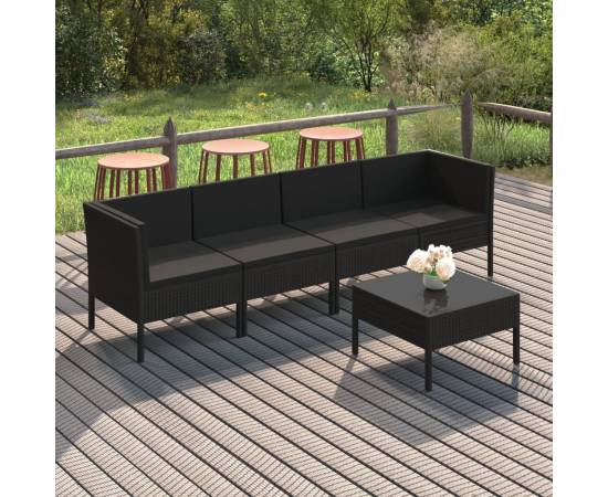 Set mobilier de grădină cu perne, 5 piese, negru, poliratan