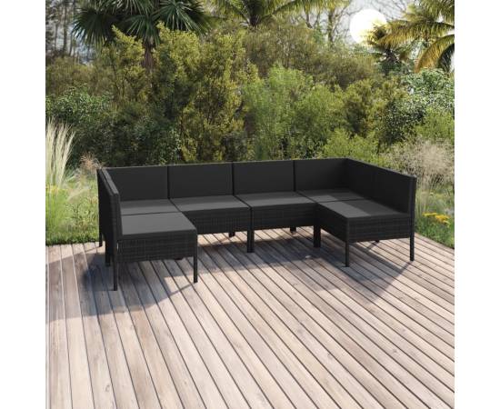 Set mobilier de grădină cu perne, 6 piese, negru, poliratan