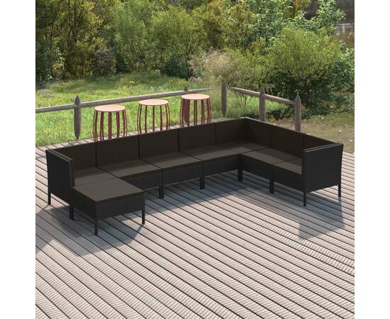 Set mobilier de grădină cu perne, 8 piese, negru, poliratan