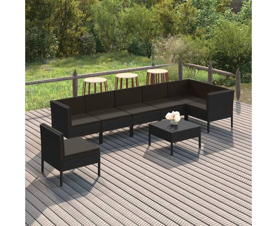 Set mobilier de grădină cu perne, 8 piese, negru, poliratan