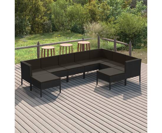 Set mobilier de grădină cu perne, 9 piese, negru, poliratan