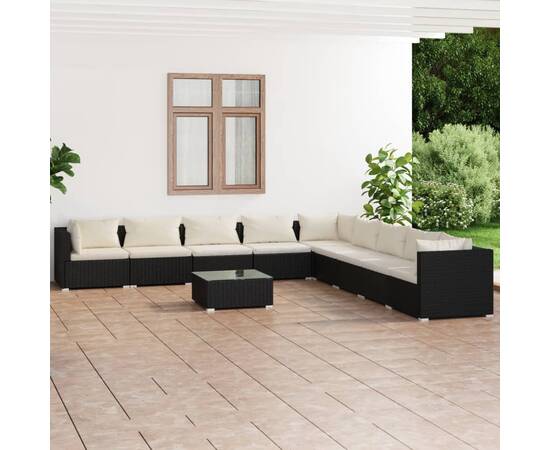 Set mobilier de grădină cu perne, 10 piese, negru, poliratan