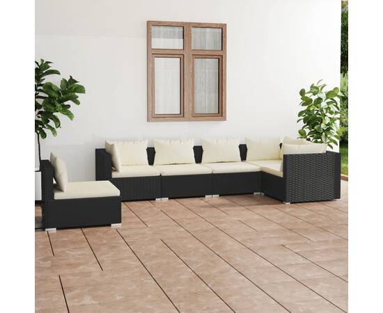 Set mobilier de grădină cu perne, 6 piese, negru, poliratan