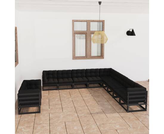 Set mobilier grădină cu perne, 11 piese, negru, lemn masiv pin