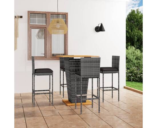 Set mobilier bar de grădină cu perne, 5 piese, gri, poliratan