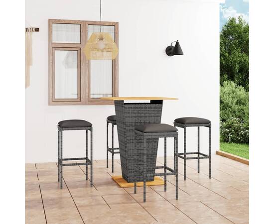 Set mobilier bar de grădină cu perne, 5 piese, gri, poliratan