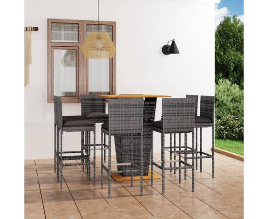 Set mobilier bar de grădină cu perne, 9 piese, gri, poliratan