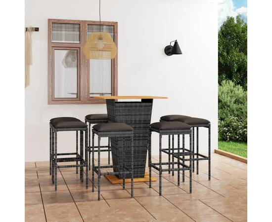 Set mobilier bar de grădină cu perne, 9 piese, gri, poliratan