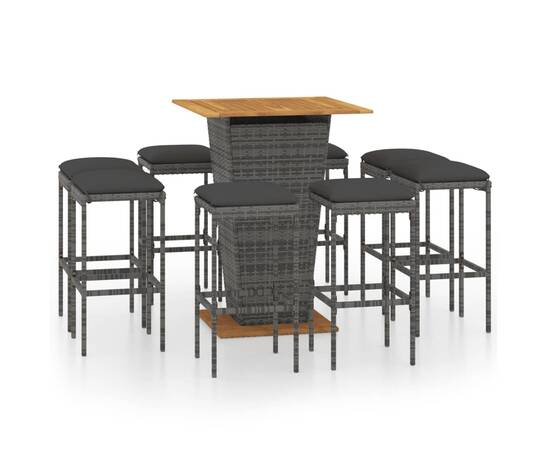 Set mobilier bar de grădină cu perne, 9 piese, gri, poliratan, 2 image