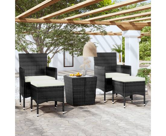 Set mobilier bistro, 5 piese, negru, poliratan/sticlă tratată