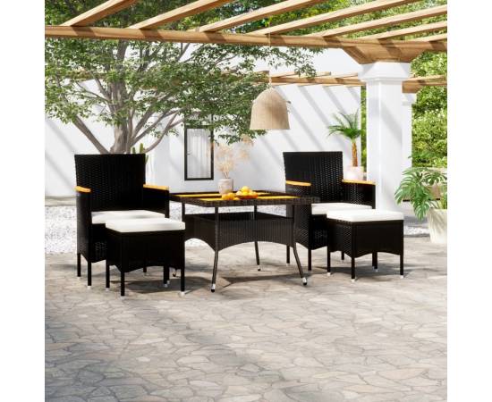 Set mobilier de grădină, 5 piese, negru, poliratan, lemn acacia