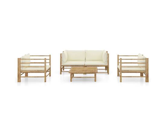 Set mobilier de grădină, 5 piese, perne alb crem, bambus, 2 image