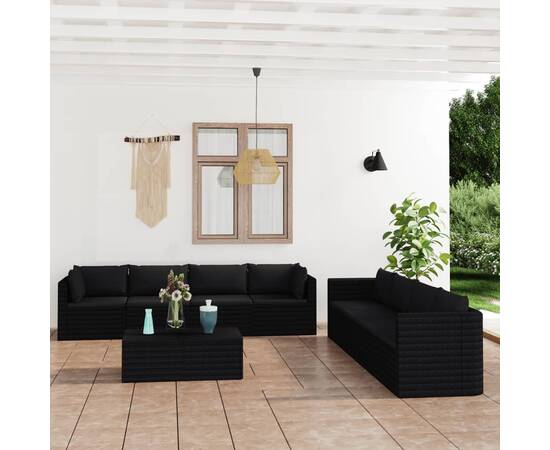 Set mobilier de grădină cu perne, 9 piese, negru, poliratan