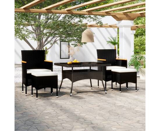 Set mobilier grădină, 5 piese, negru, poliratan/sticlă tratată