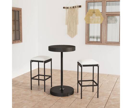 Set mobilier bar de grădină cu perne, 3 piese, negru, poliratan