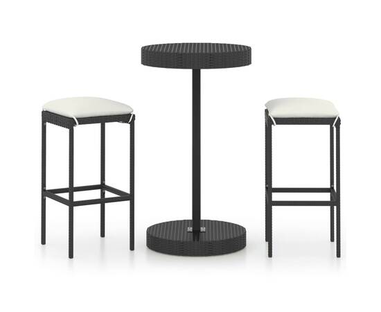 Set mobilier bar de grădină cu perne, 3 piese, negru, poliratan, 2 image