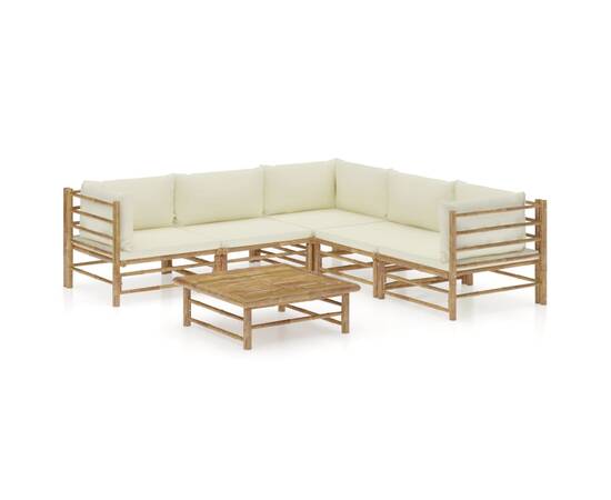 Set mobilier de grădină, 6 piese, perne alb crem, bambus
