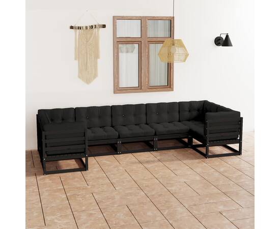 Set mobilier grădină cu perne, 7 piese, negru, lemn masiv pin