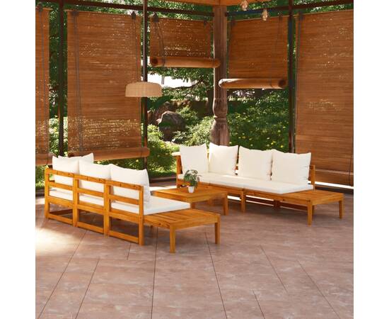 Set mobilier grădină perne alb crem, 5 piese, lemn masiv acacia