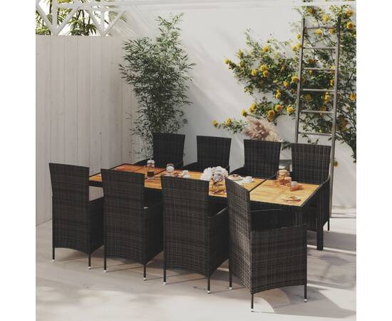 Set mobilier de exterior cu perne, 9 piese, negru, poliratan