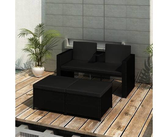 Set mobilier de grădină cu perne, 3 piese, negru, poliratan