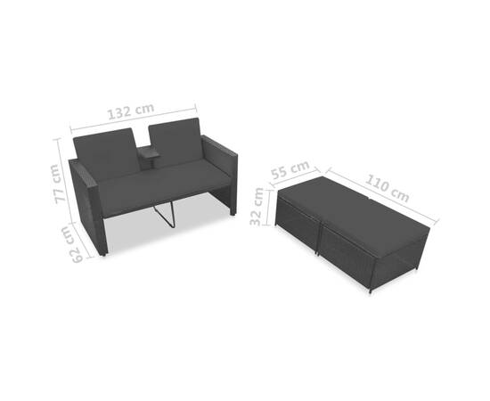 Set mobilier de grădină cu perne, 3 piese, negru, poliratan, 7 image