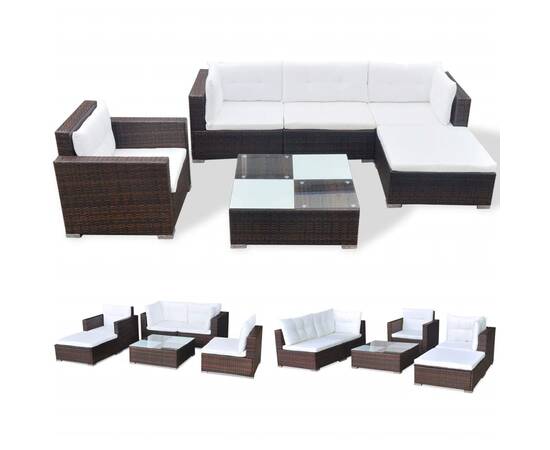Set mobilier de grădină cu perne, 6 piese, maro, poliratan, 2 image