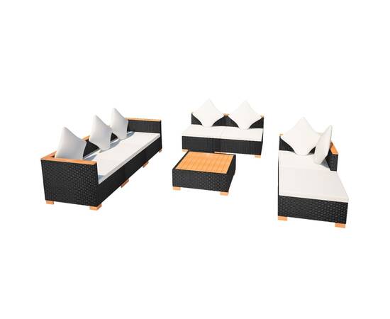 Set mobilier de grădină cu perne, 8 piese, negru, poliratan, 3 image