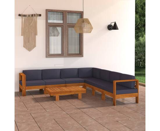 Set mobilier grădină perne gri închis, 8 piese, lemn acacia