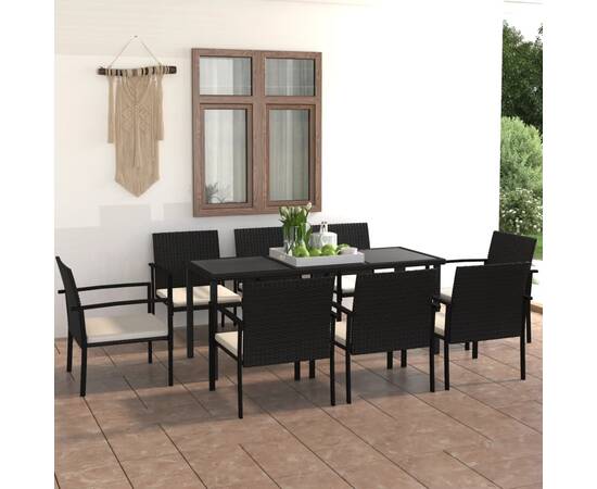 Set de masă și scaune de exterior, 9 piese, negru, poliratan