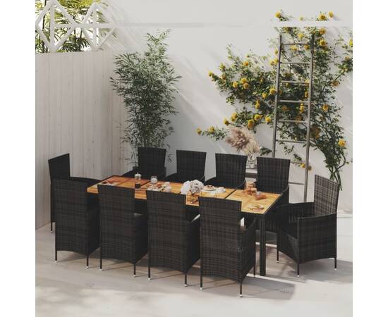 Set mobilier de exterior cu perne, 11 piese, negru, poliratan