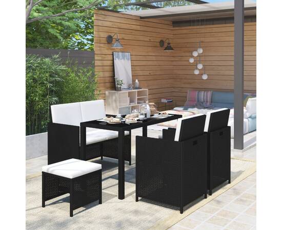 Set mobilier de exterior cu perne, 6 piese, negru, poliratan