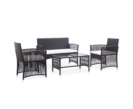 Set mobilier de grădină cu perne, 4 piese, negru, poliratan