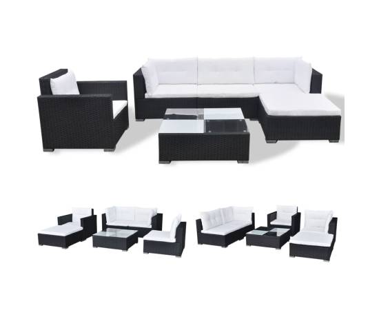 Set mobilier de grădină cu perne, 6 piese, negru, poliratan, 2 image