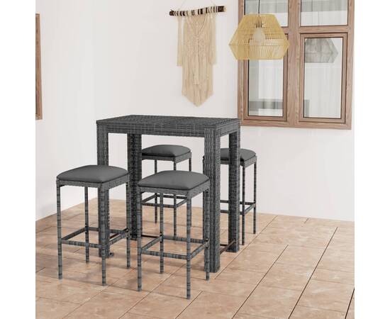 Set mobilier bar de grădină cu perne, 5 piese, gri, poliratan