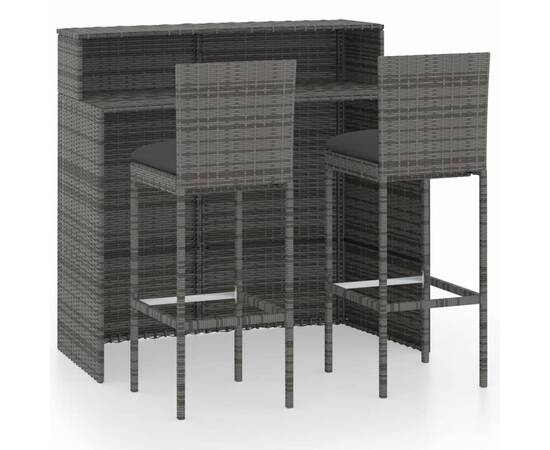 Set mobilier de bar de grădină cu perne, 3 piese, gri, 2 image