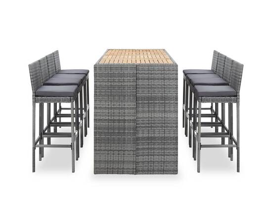 Set mobilier bar exterior 9 piese gri poliratan și lemn acacia, 2 image