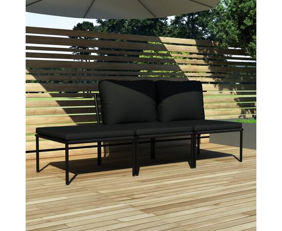 Set mobilier de grădină cu perne, 3 piese, negru, pvc