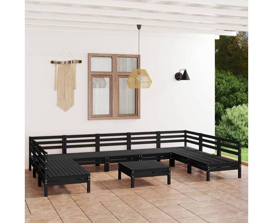 Set mobilier de grădină, 10 piese, negru, lemn masiv de pin