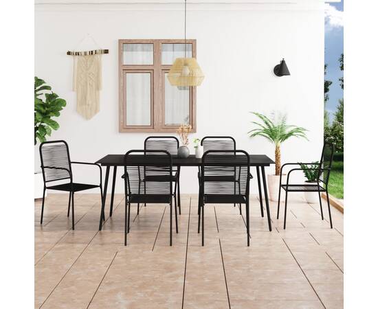 Set mobilier de grădină, 7 piese, negru, sfoară bumbac și oțel