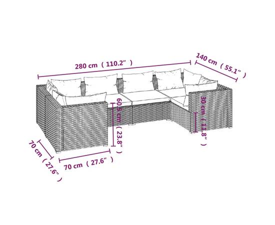 Set mobilier de grădină cu perne, 6 piese, maro, poliratan, 7 image